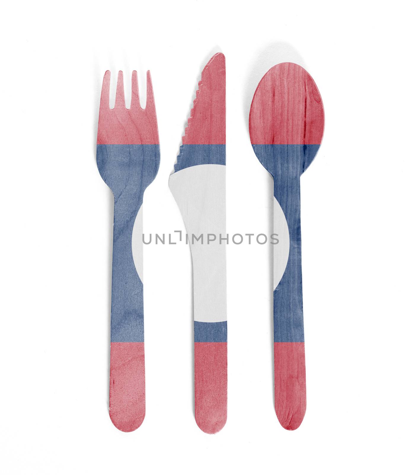 Eco friendly wooden cutlery - Plastic free concept - Isolated - Flag of Laos