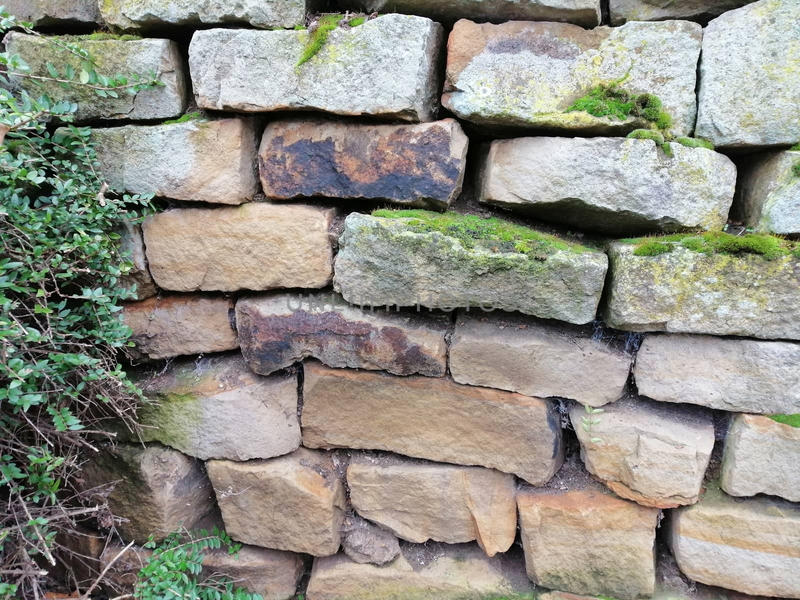 Old stone wall with moss and holes texture background.