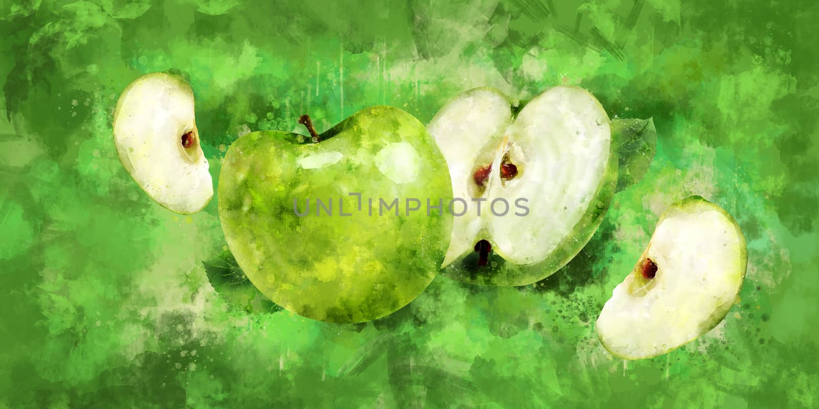 Green Apple on green background. Watercolor illustration by ConceptCafe