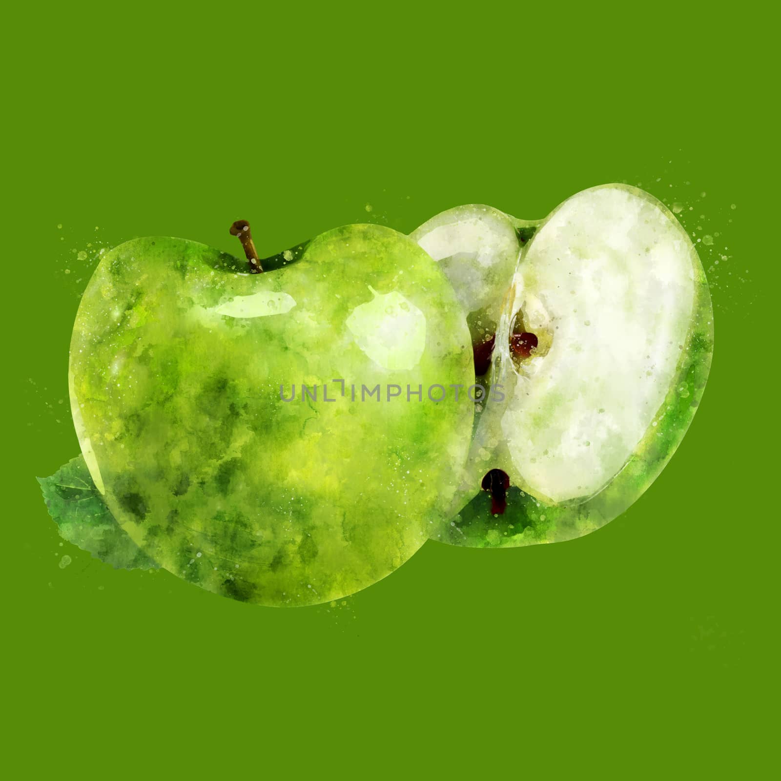 Green Apple on green background. Watercolor illustration by ConceptCafe