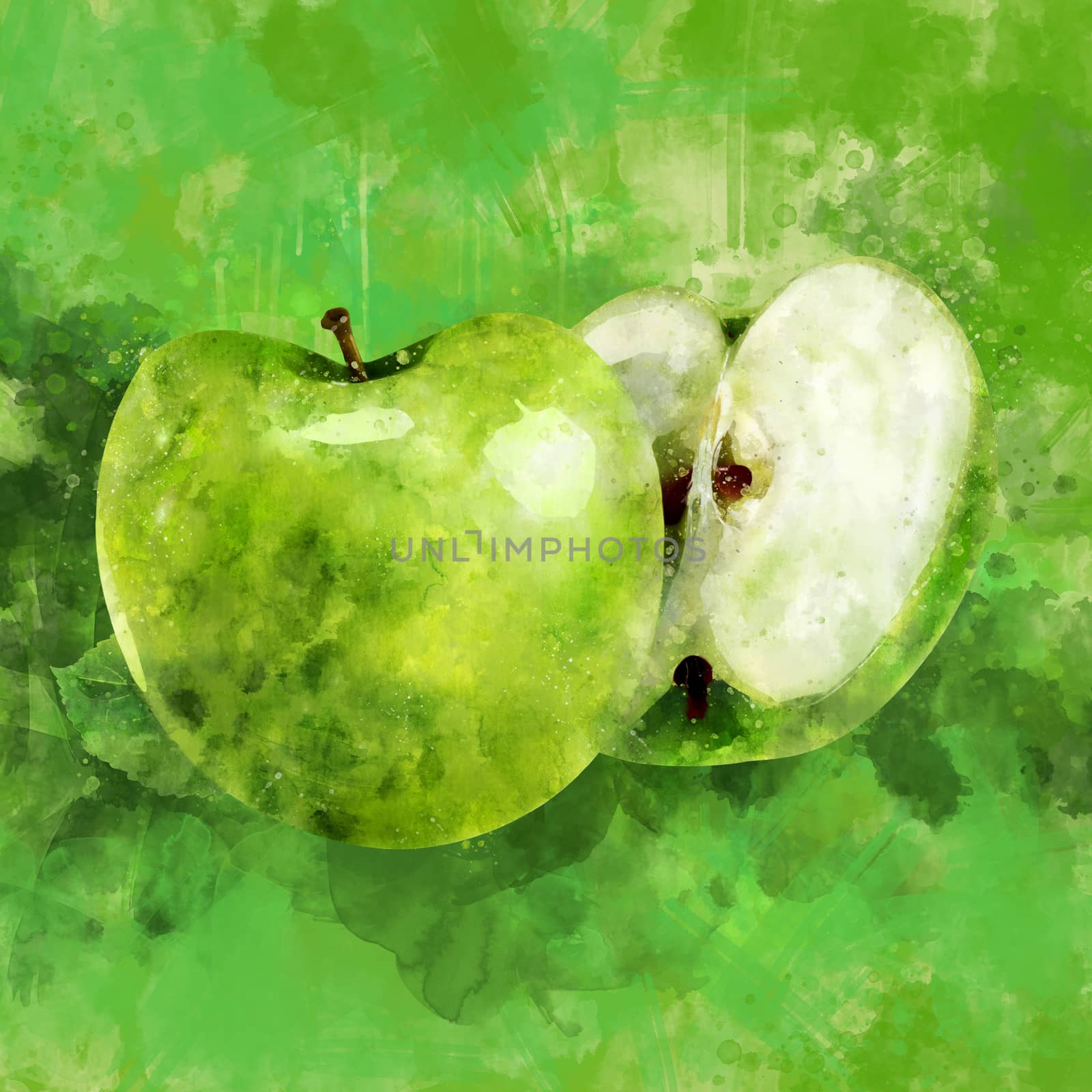 Green Apple on green background. Watercolor illustration by ConceptCafe