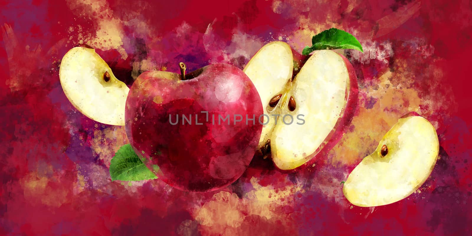 Red Apple on dark red background. Watercolor illustration by ConceptCafe