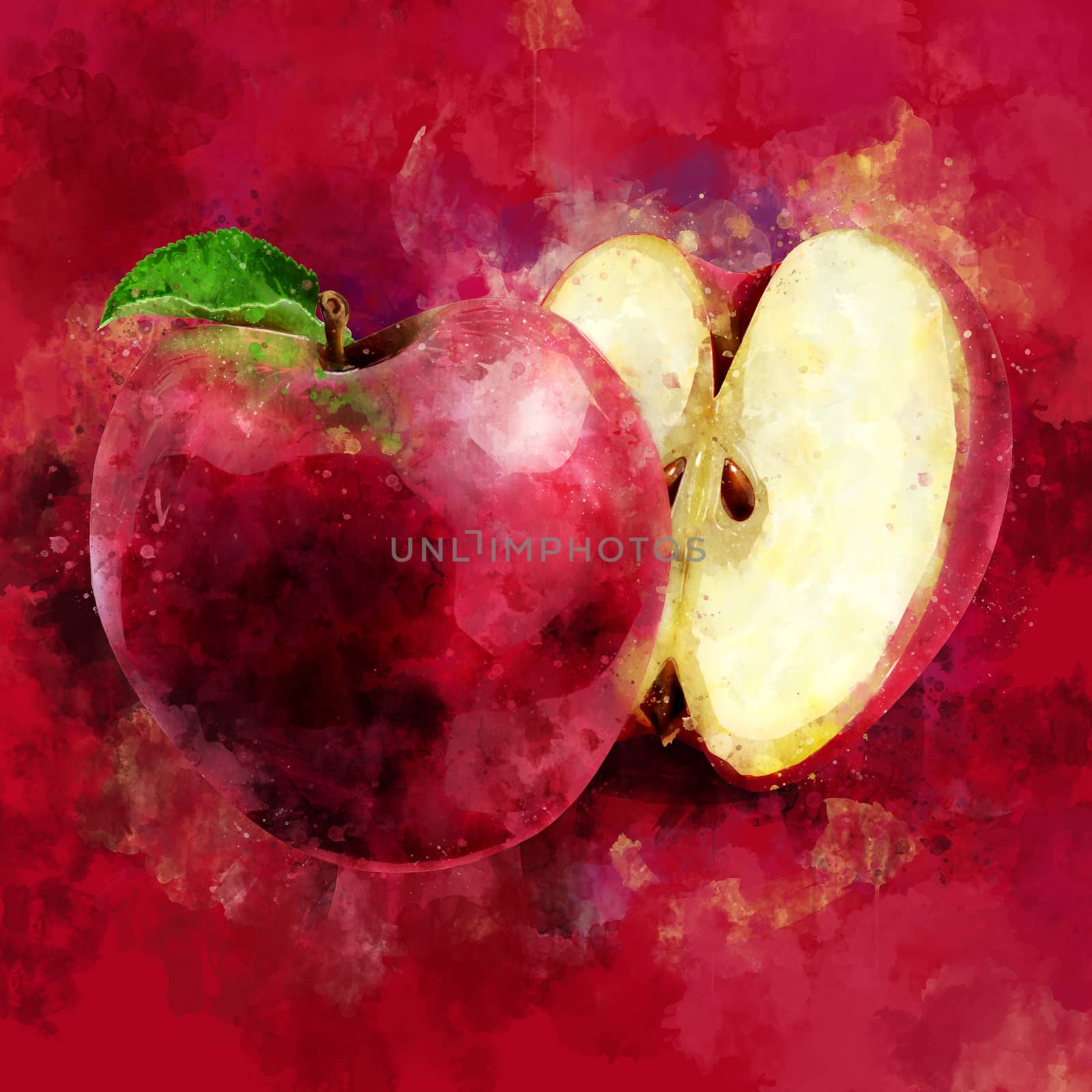 Red Apple on dark red background. Watercolor illustration by ConceptCafe