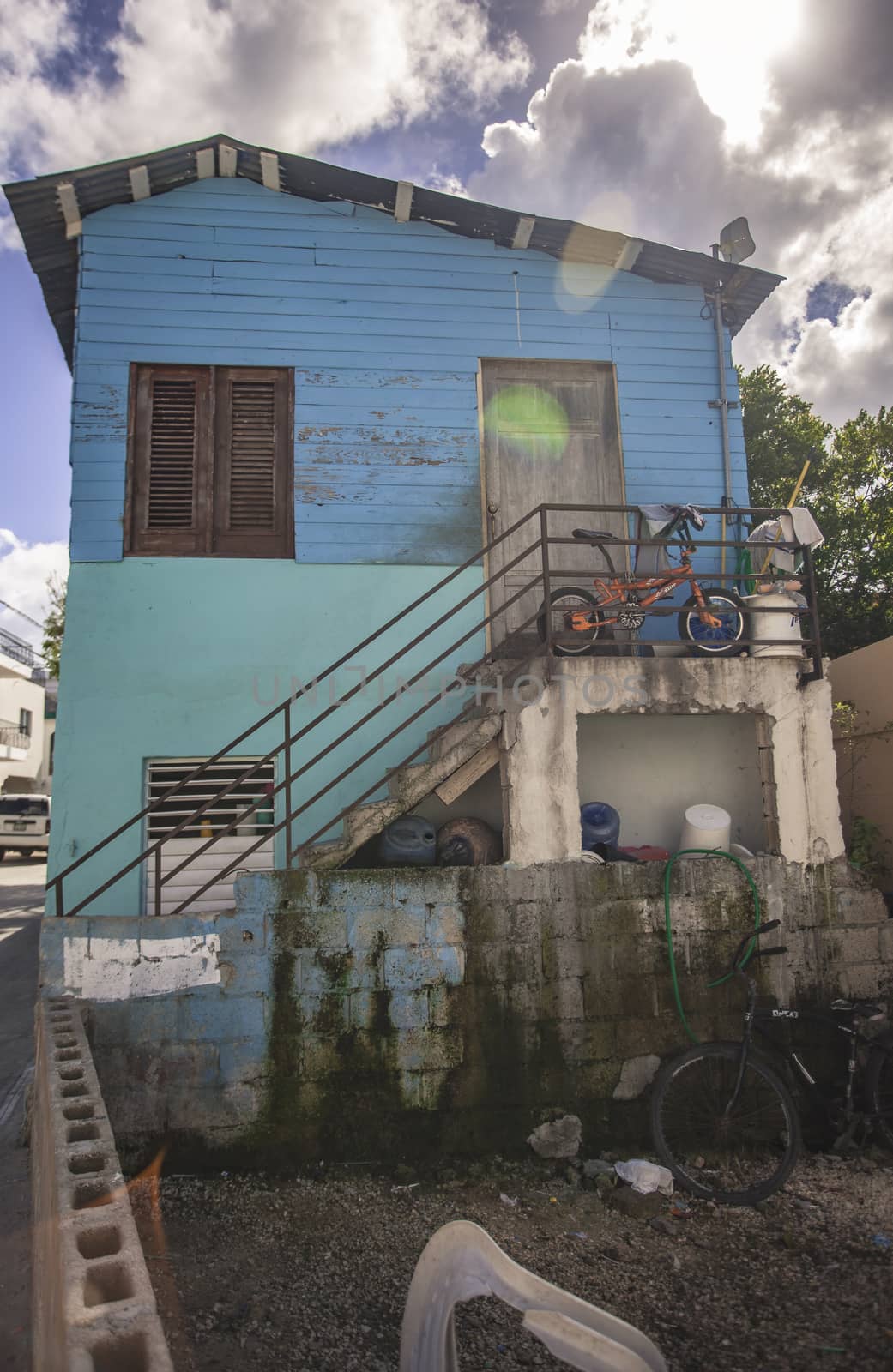 BAYAHIBE, DOMINICAN REPUBLIC 23 DECEMBER 2019: Blue house in Bayahibe city center