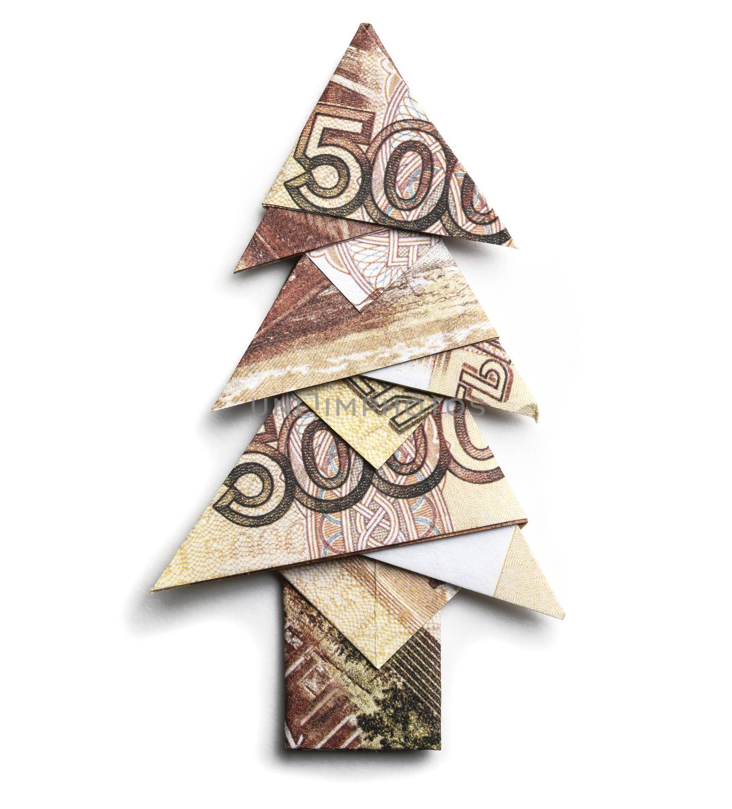 5000 Russian rubles in the form of a Christmas tree on a white background.