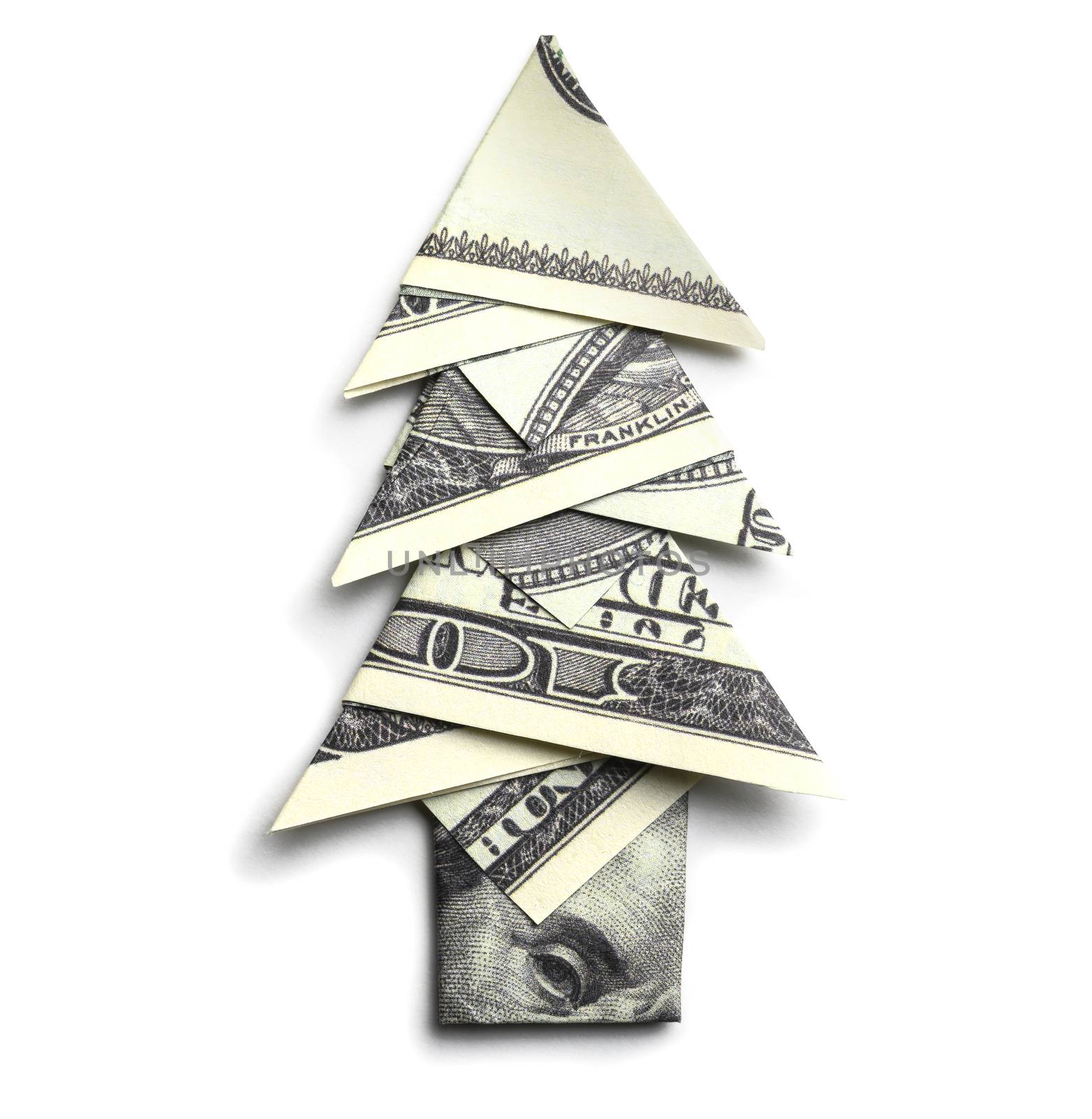 100 us dollars in the shape of a Christmas tree on a white background.
