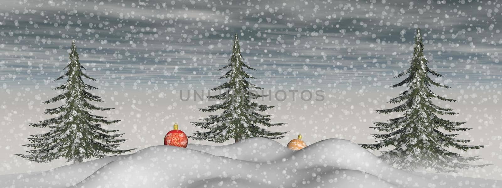 very nice view of Christmas trees and balls and snow - 3d rendering