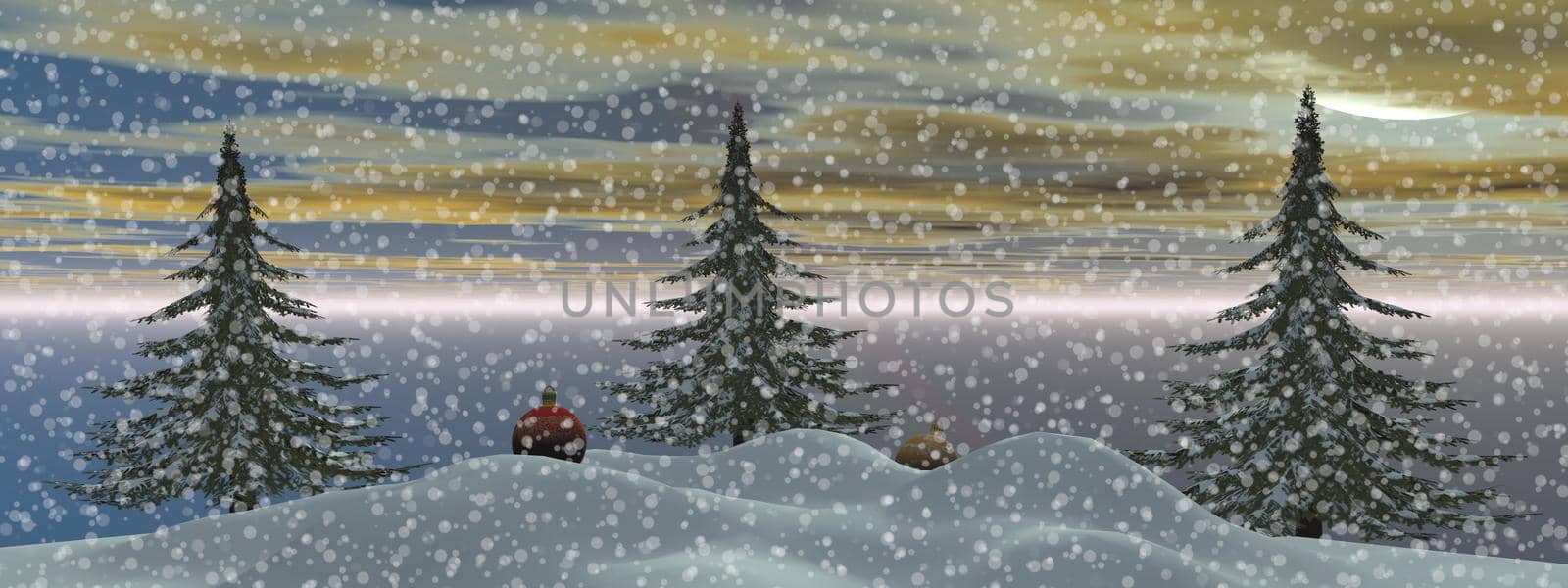very nice view of Christmas trees and balls - 3d rendering by mariephotos