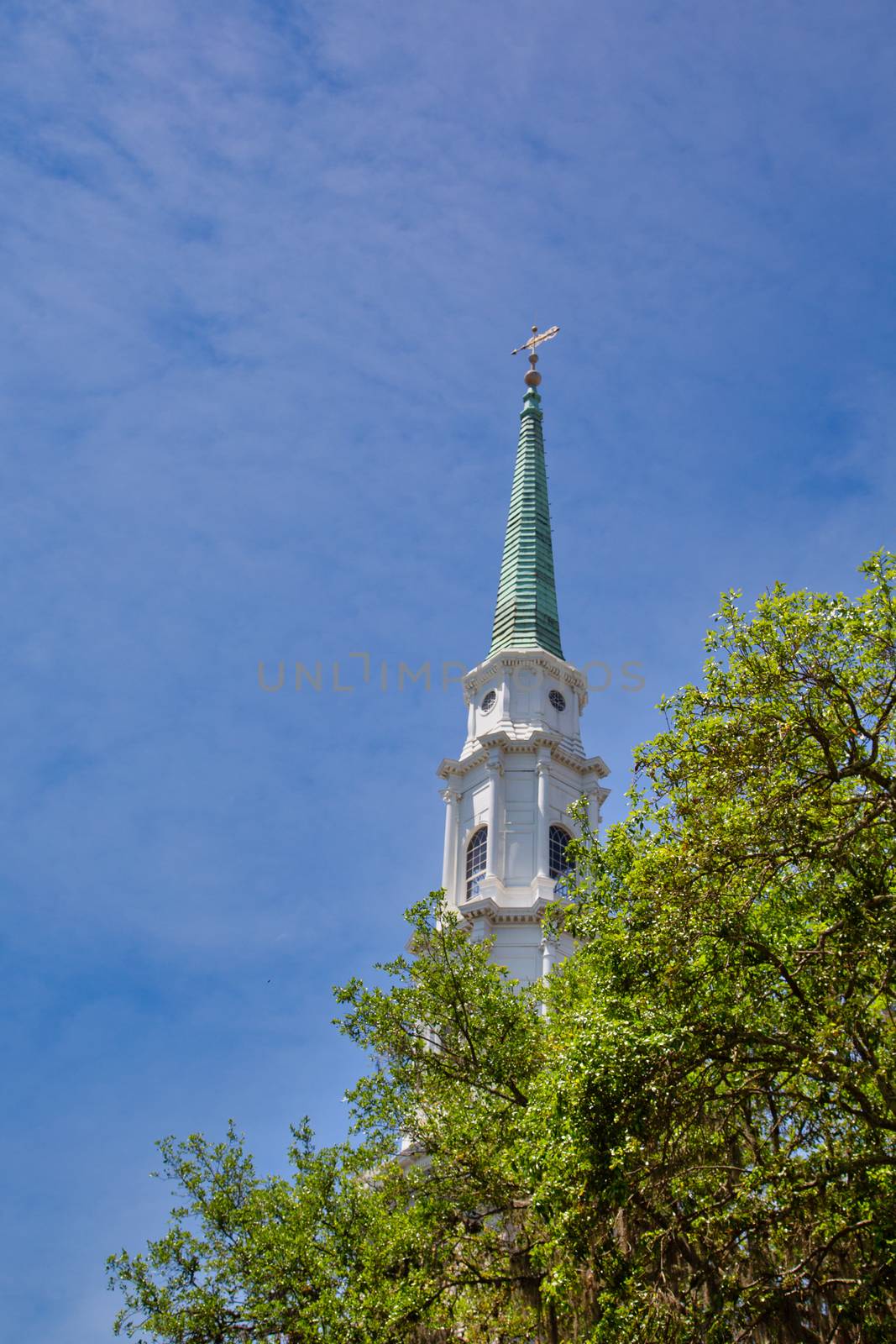A church steeple rising into the sky beyond trees