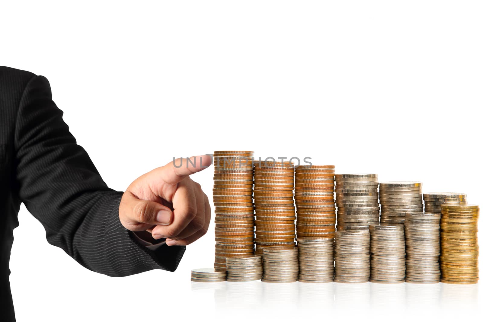 Businessman hand pointing coins stack isolated with space on white background, Financial concept.
