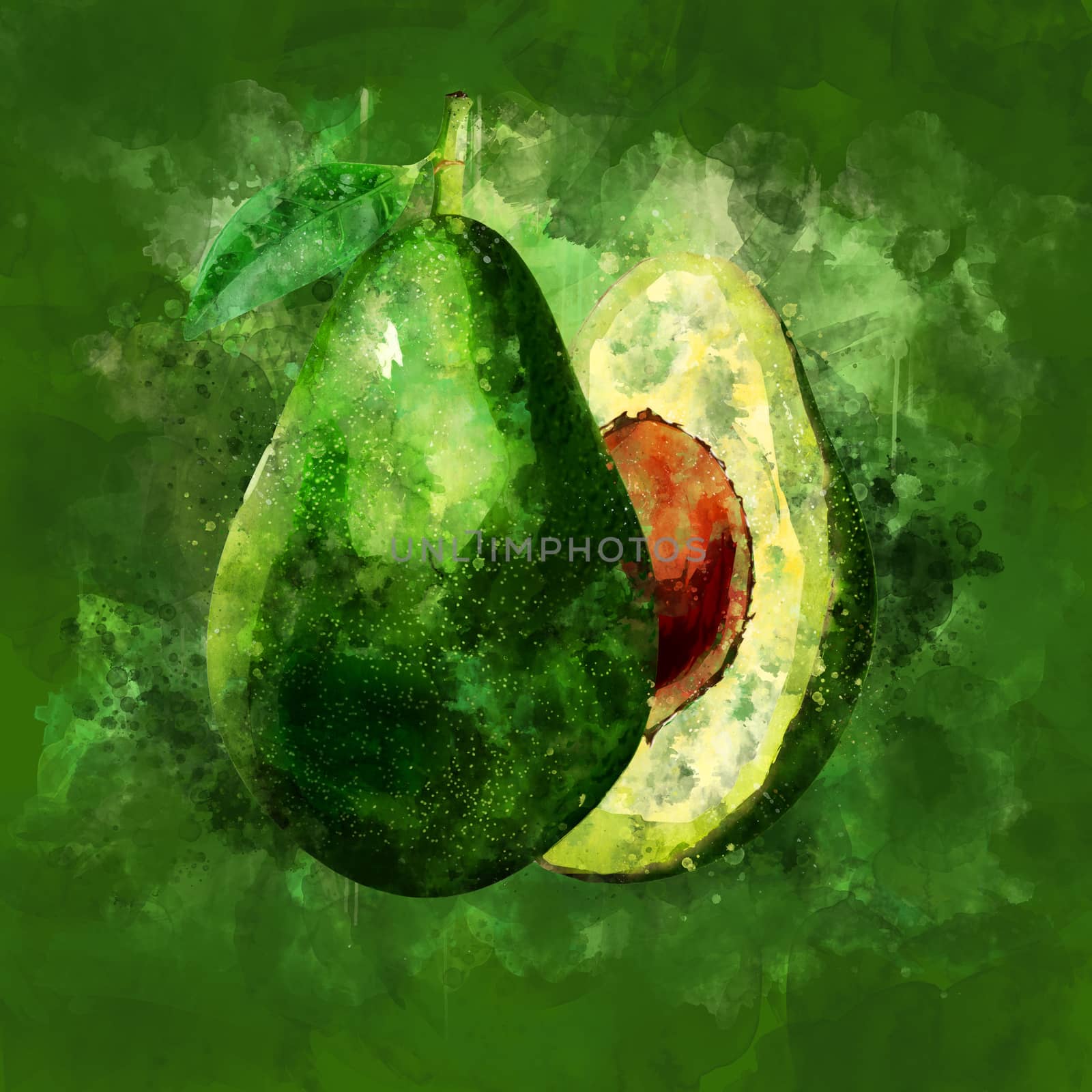 Avocado on green background. Watercolor illustration by ConceptCafe