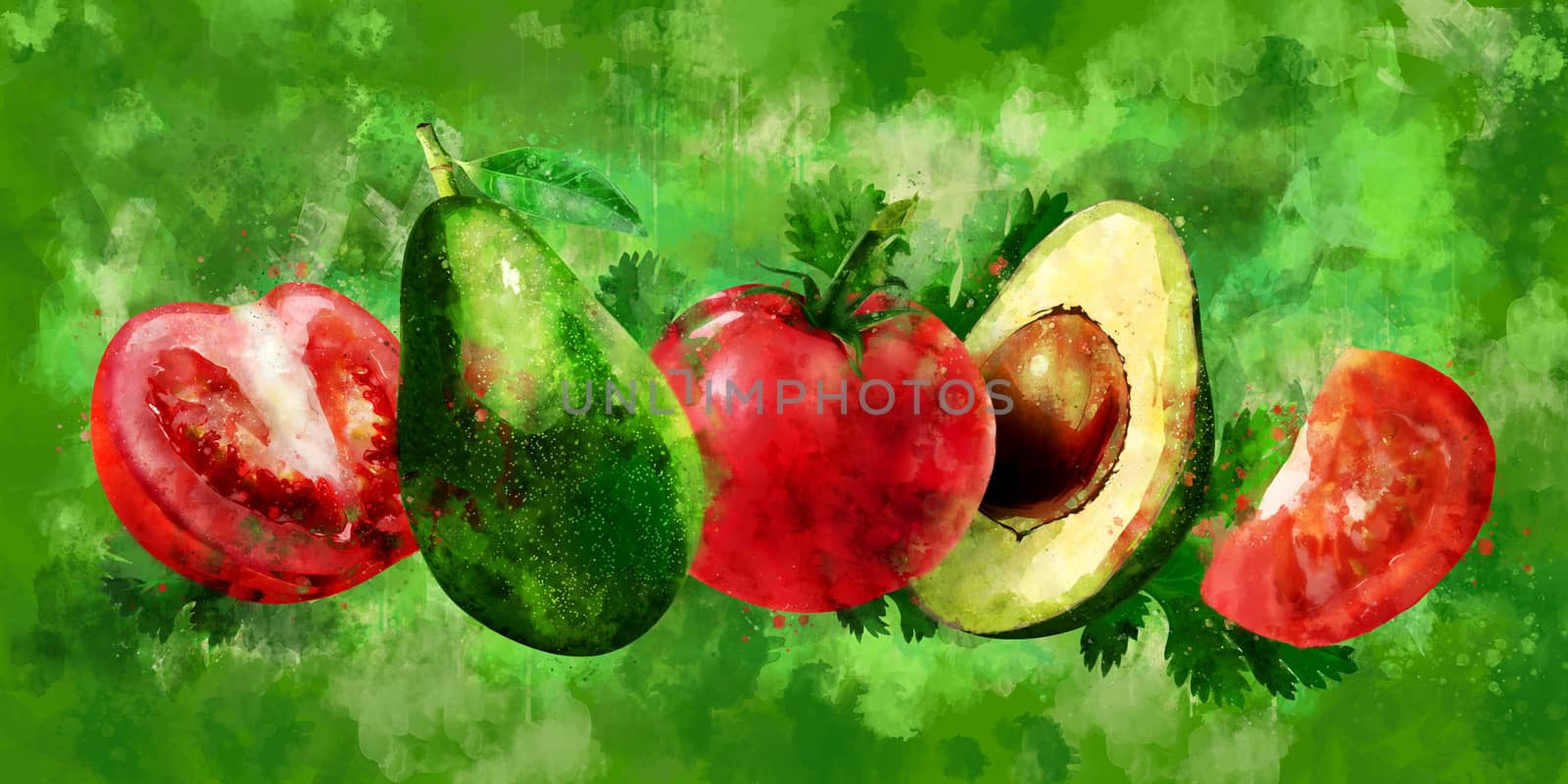 Avocado and tomato on green background. Watercolor illustration by ConceptCafe