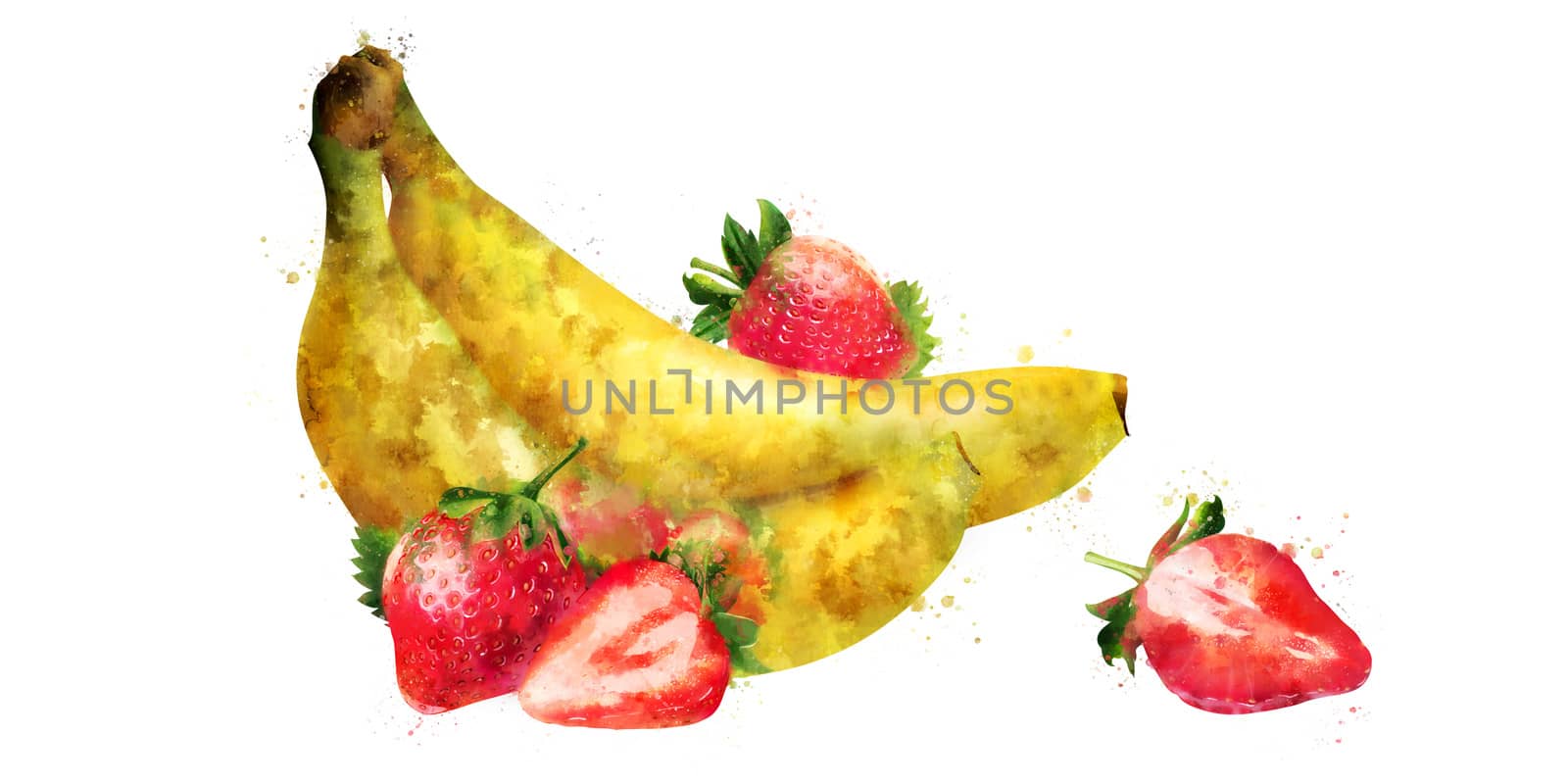 Banana and strawberry on white background. Watercolor illustration by ConceptCafe