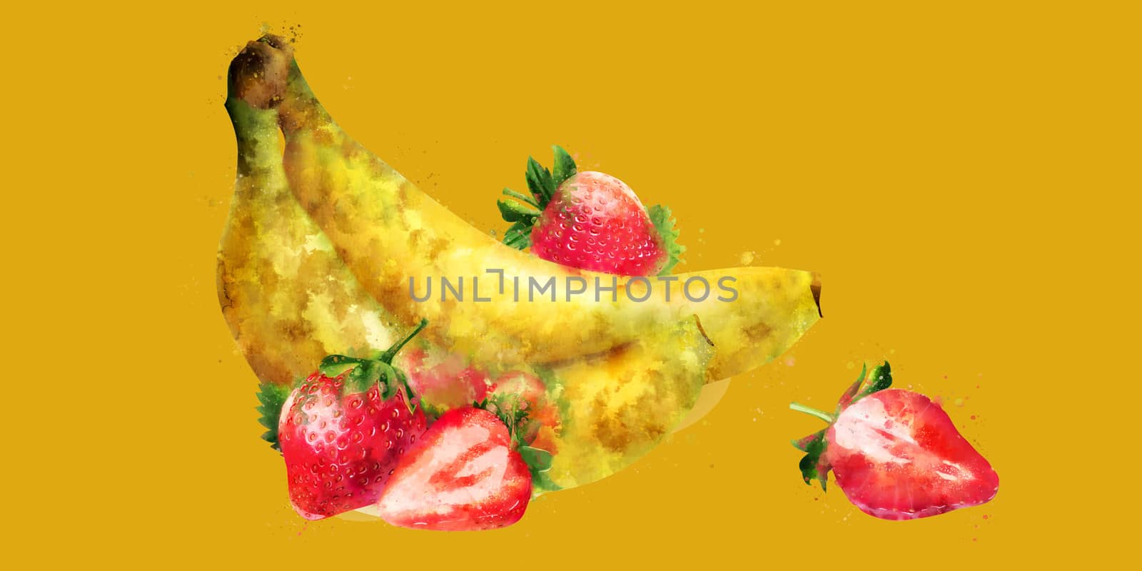 Banana and strawberry, hand-painted illustration on a yellow background