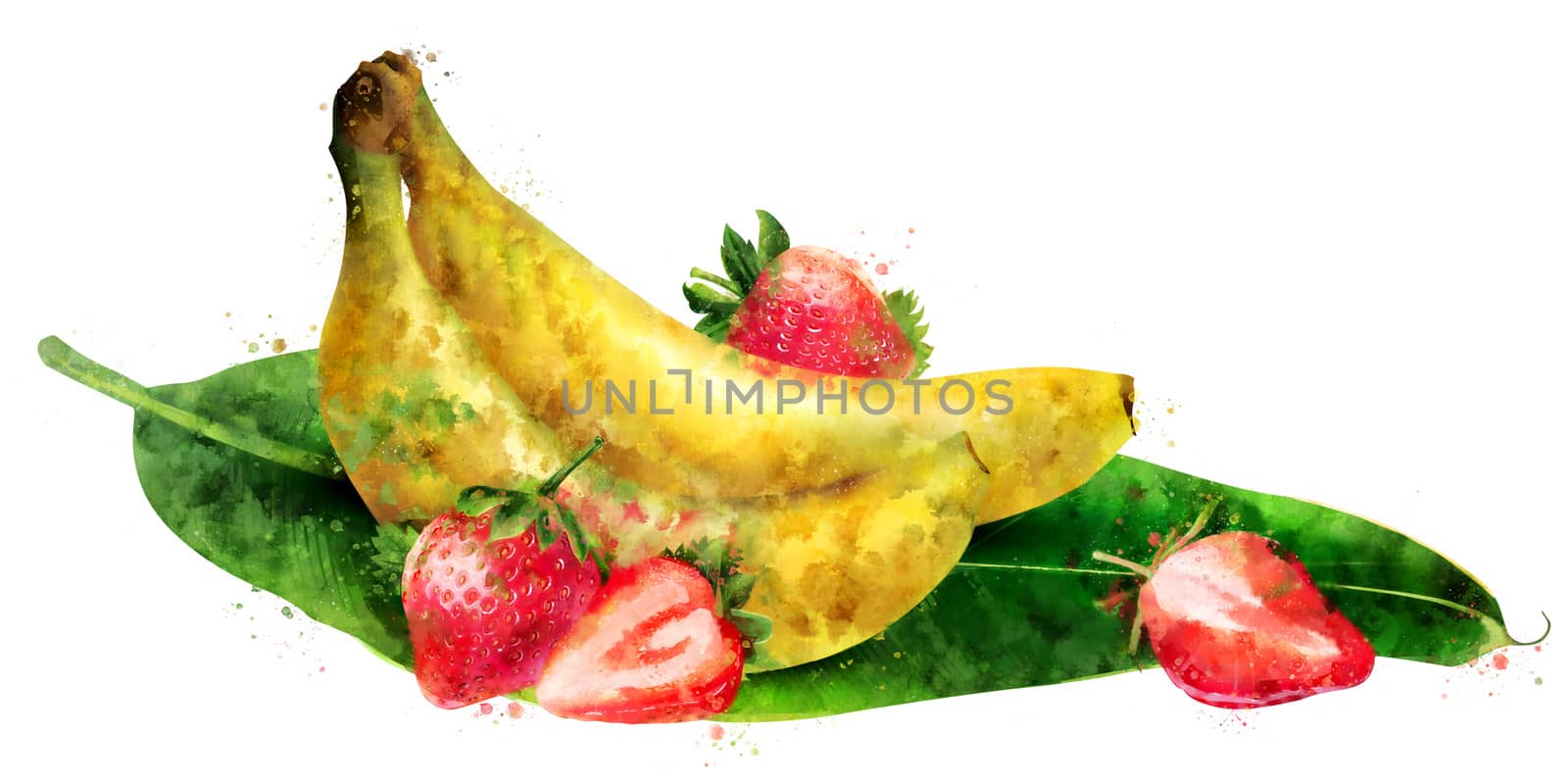Banana and strawberry, isolated hand-painted illustration on a white background