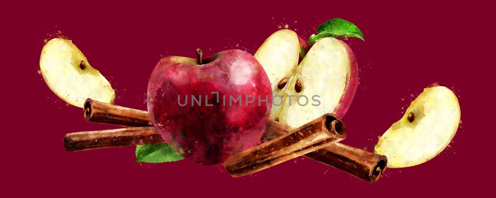 Cinnamon and red apples on red background.