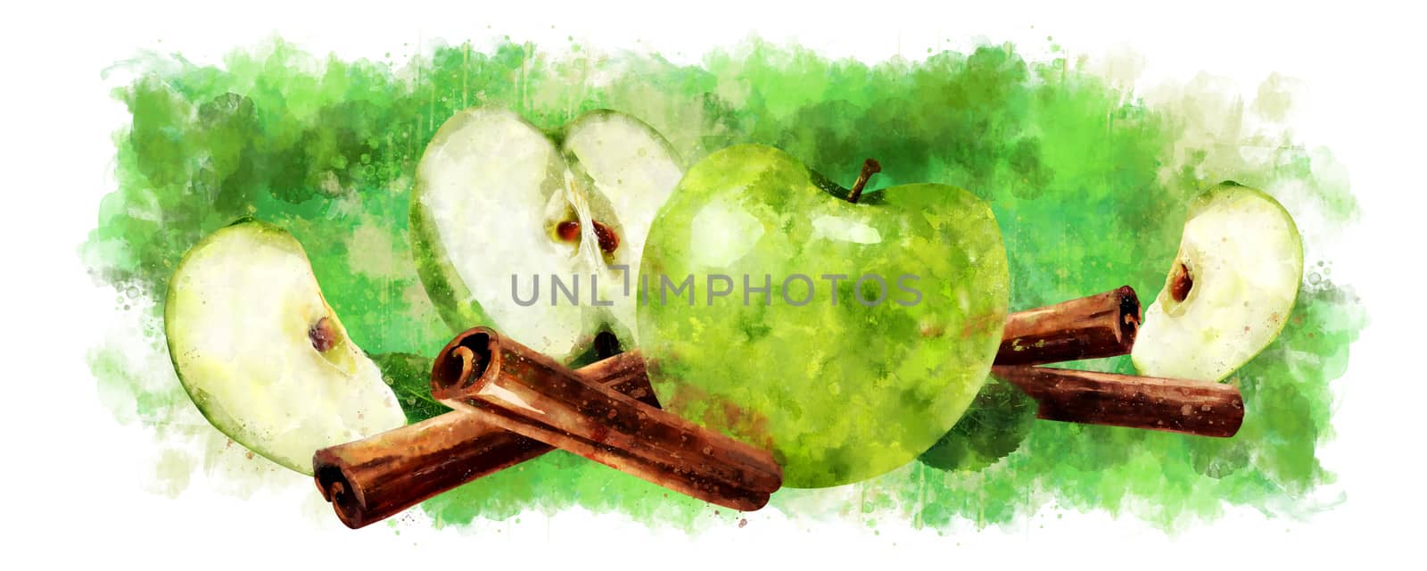 Cinnamon and green apples on white background.