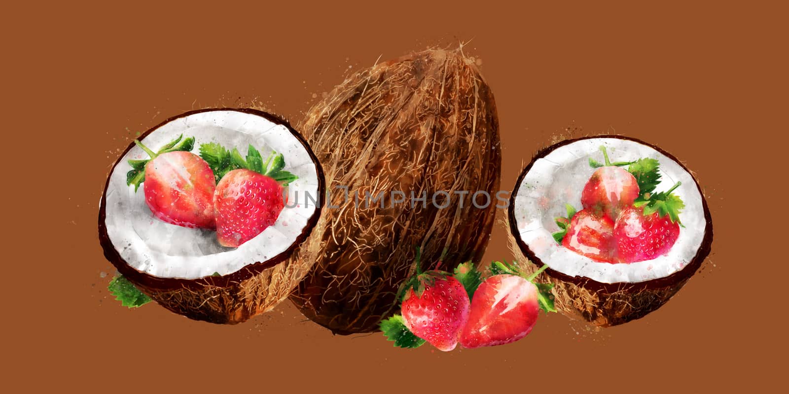 Watercolor coconut and strawberry on brown background by ConceptCafe