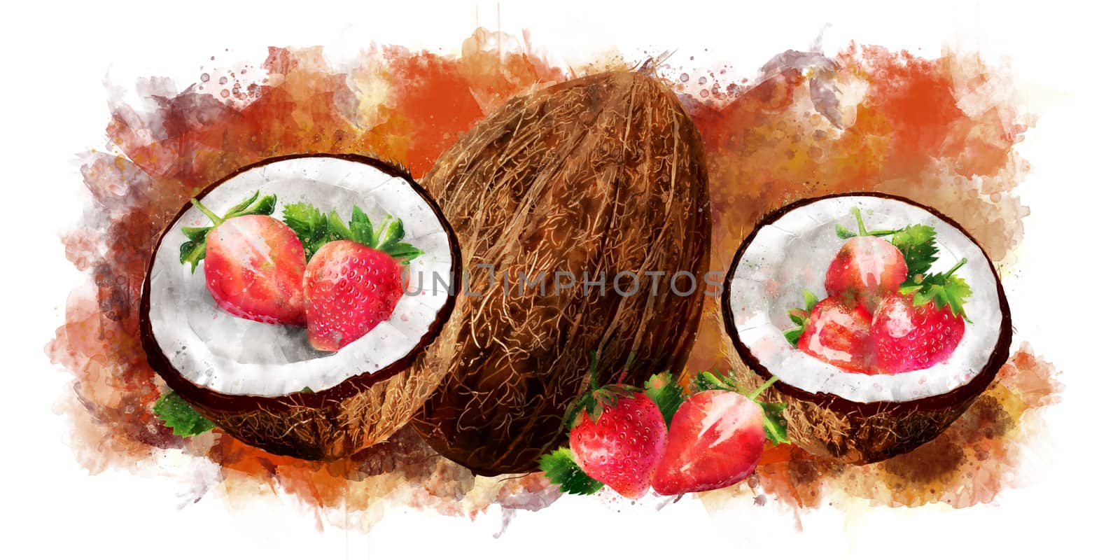 Watercolor coconut and strawberry on a white background.