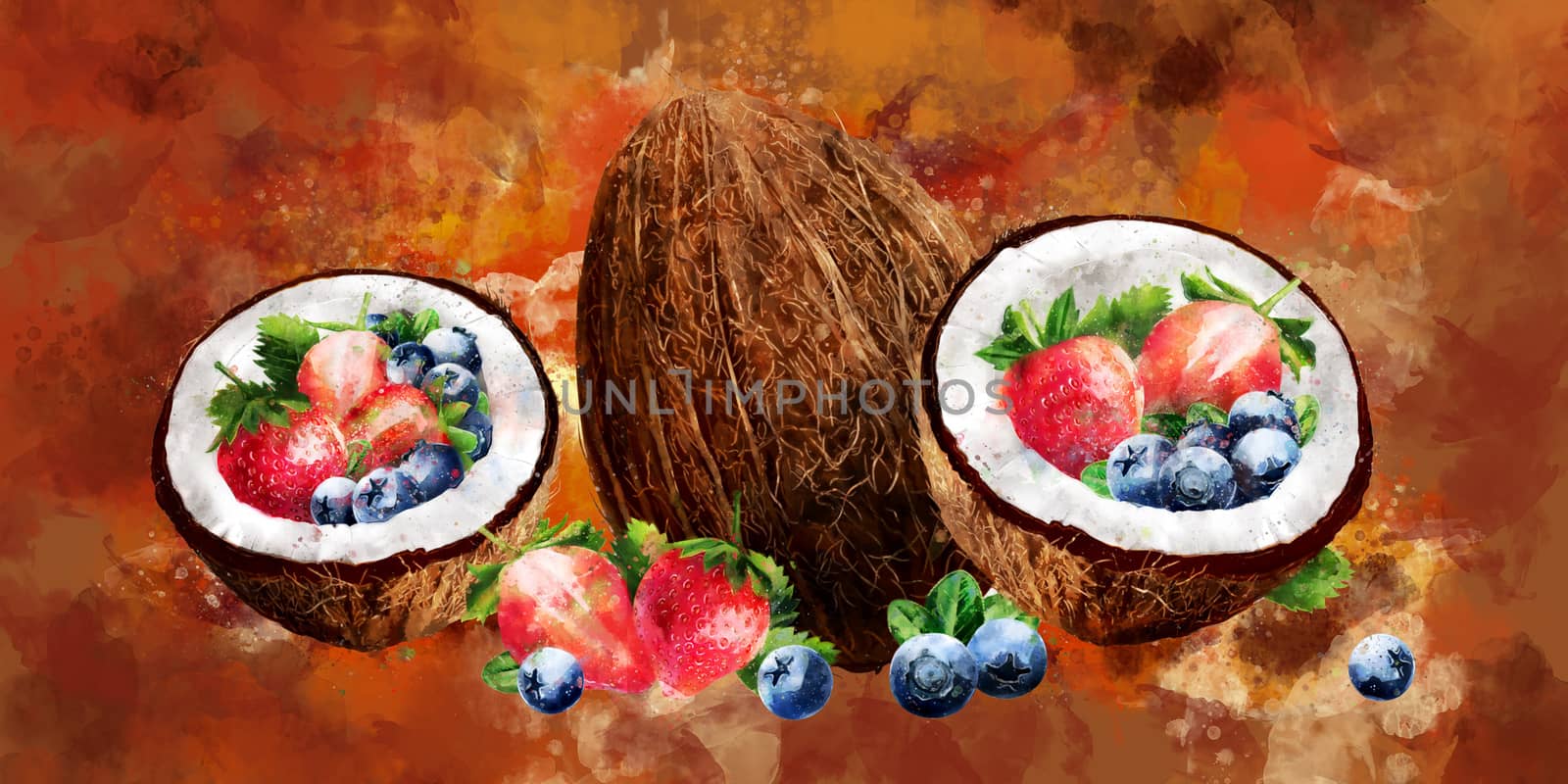 Watercolor coconut, blueberries and strawberry on a white background.