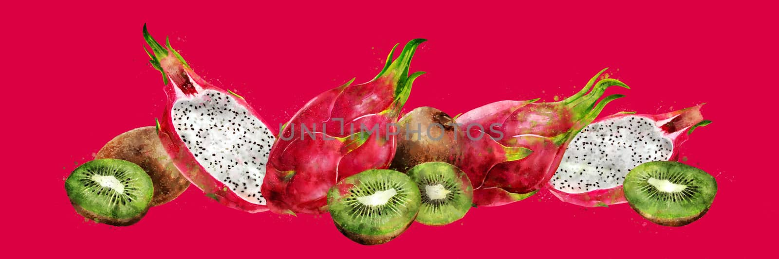 Dragon fruit and kiwi, hand-painted illustration on red background