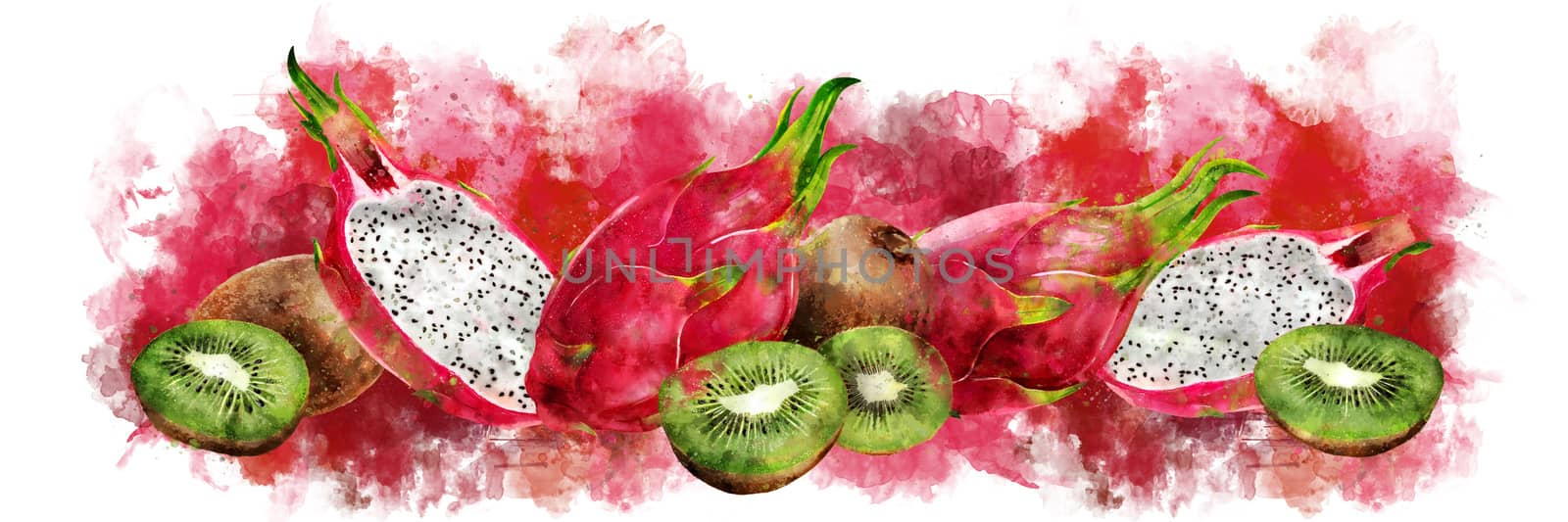 Dragon fruit and kiwi, isolated hand-painted illustration on a white background