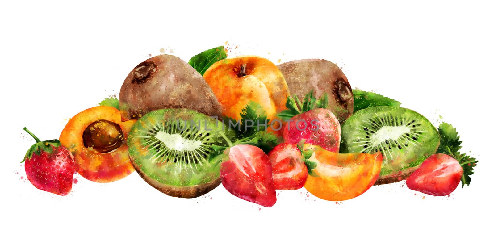 Apricot, strawberry and kiwi hand-painted illustration on a white background