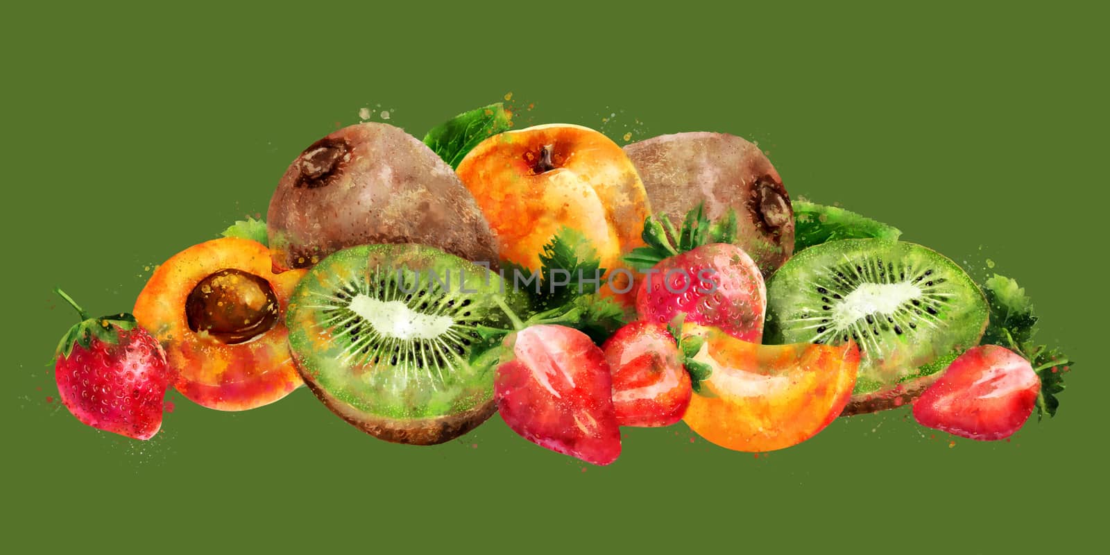 Apricot, strawberry and kiwi on green background. Watercolor illustration by ConceptCafe