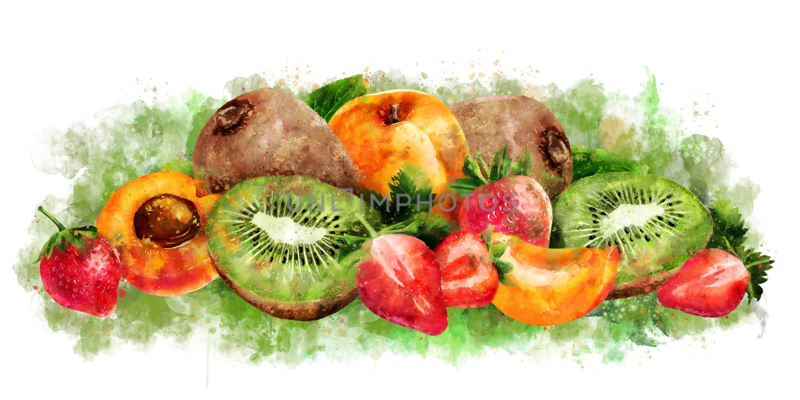 Apricot, strawberry and kiwi on white background. Watercolor illustration by ConceptCafe