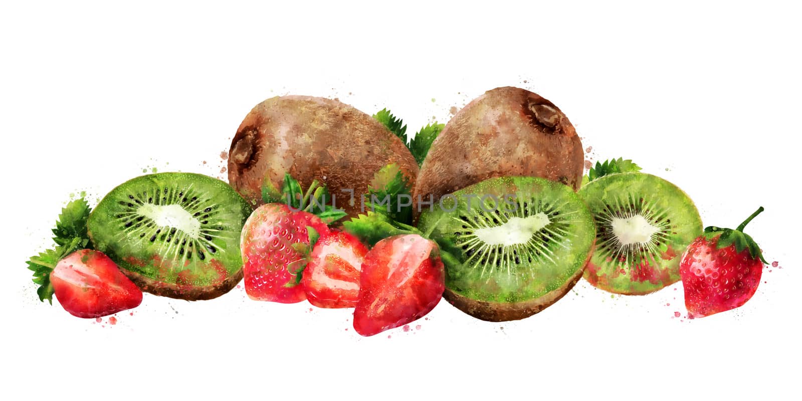 Strawberry and kiwi hand-painted illustration on white background