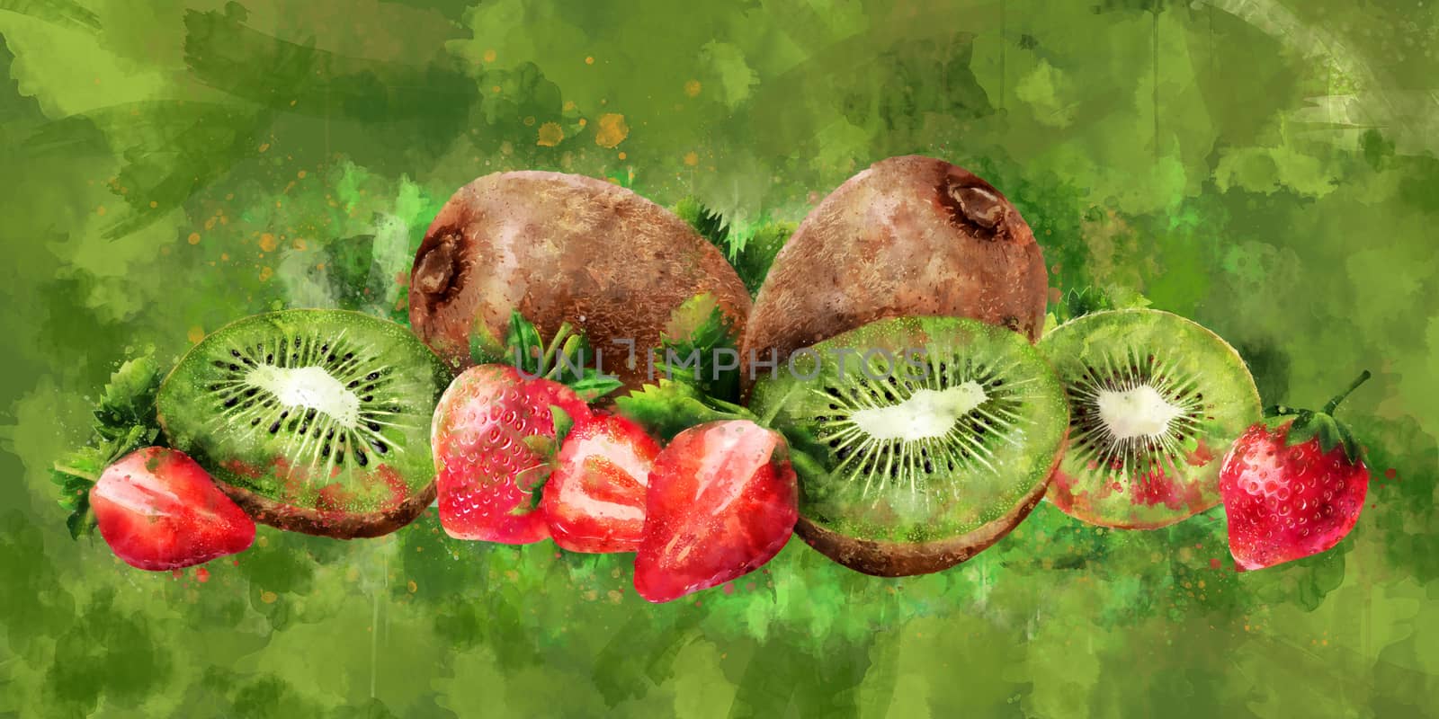 Strawberry and kiwi on green background. Watercolor illustration by ConceptCafe