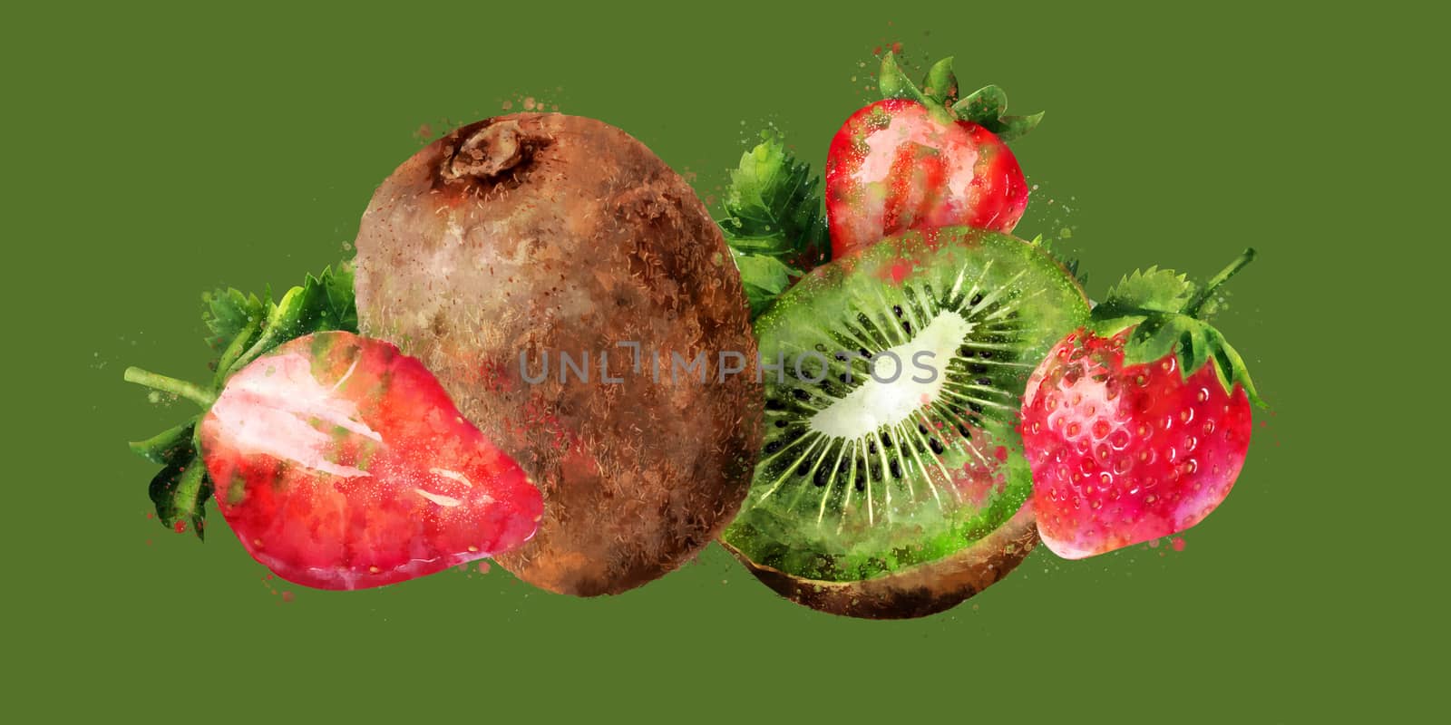 Strawberry and kiwi hand-painted illustration on green background