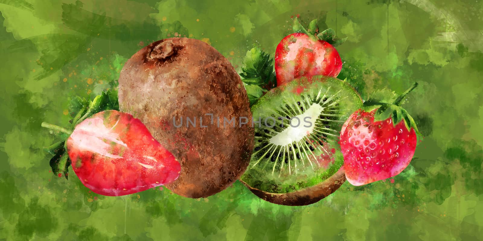 Strawberry and kiwi on green background. Watercolor illustration by ConceptCafe