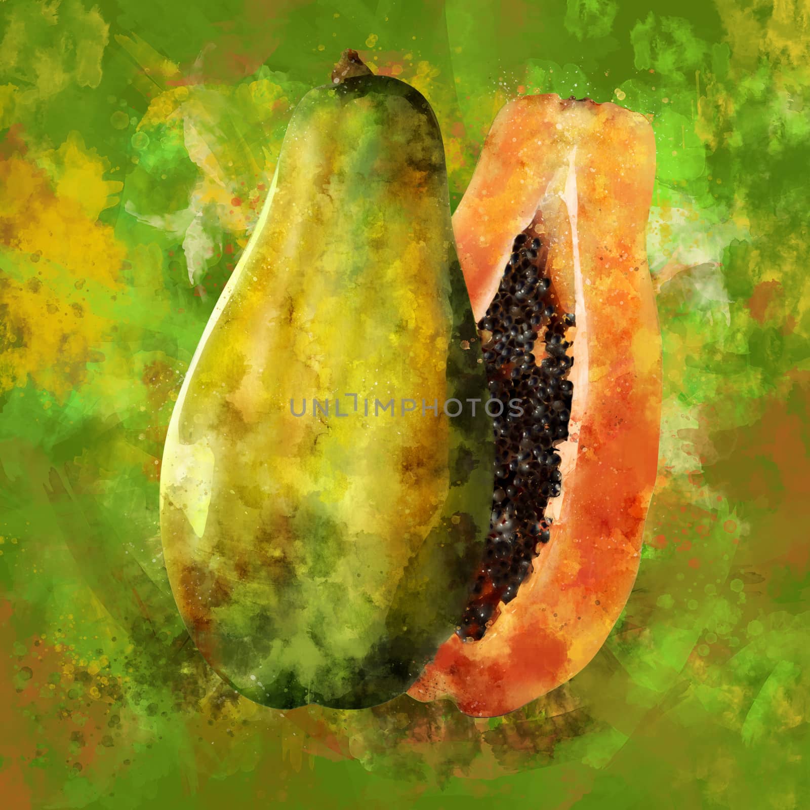 Papaya on green background. Watercolor illustration by ConceptCafe