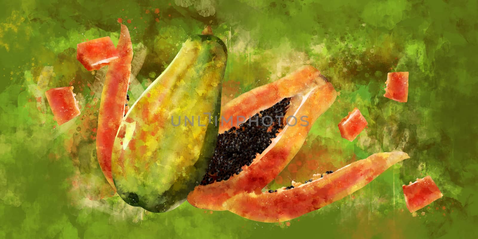 Papaya on green background. Watercolor illustration by ConceptCafe