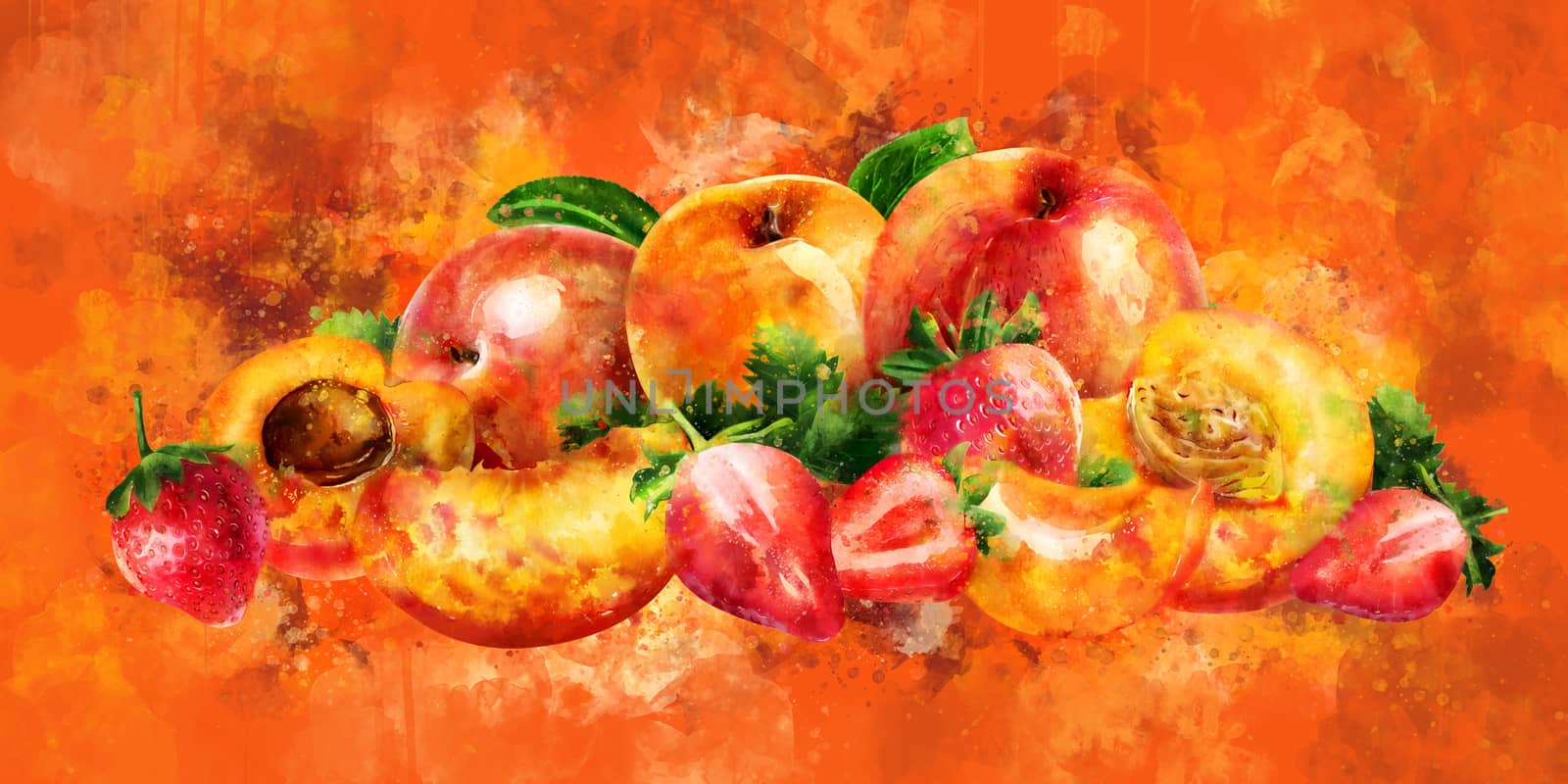 Apricot, peach and strawberry on orange background. Watercolor illustration by ConceptCafe