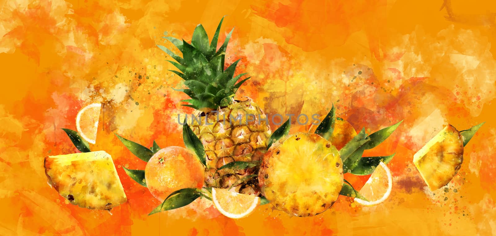 Pineapple, hand-painted illustration on a orange background