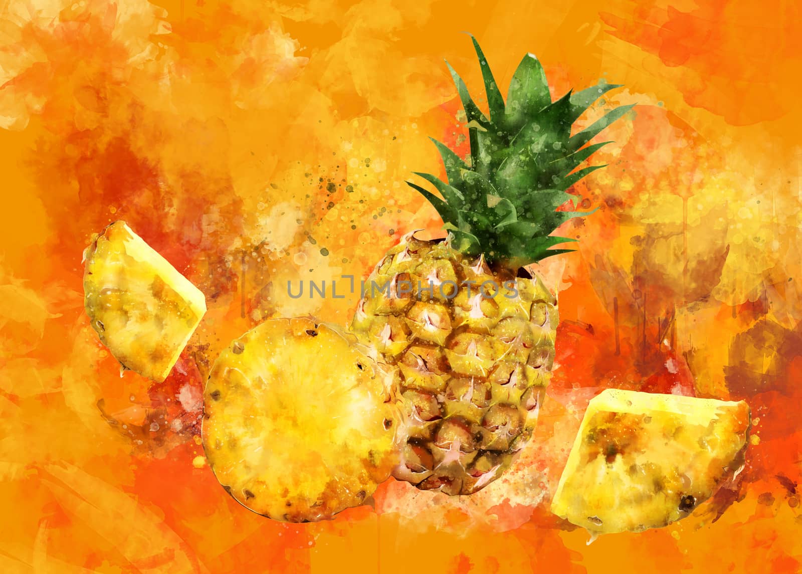 Pineapple on orange background. Watercolor illustration by ConceptCafe