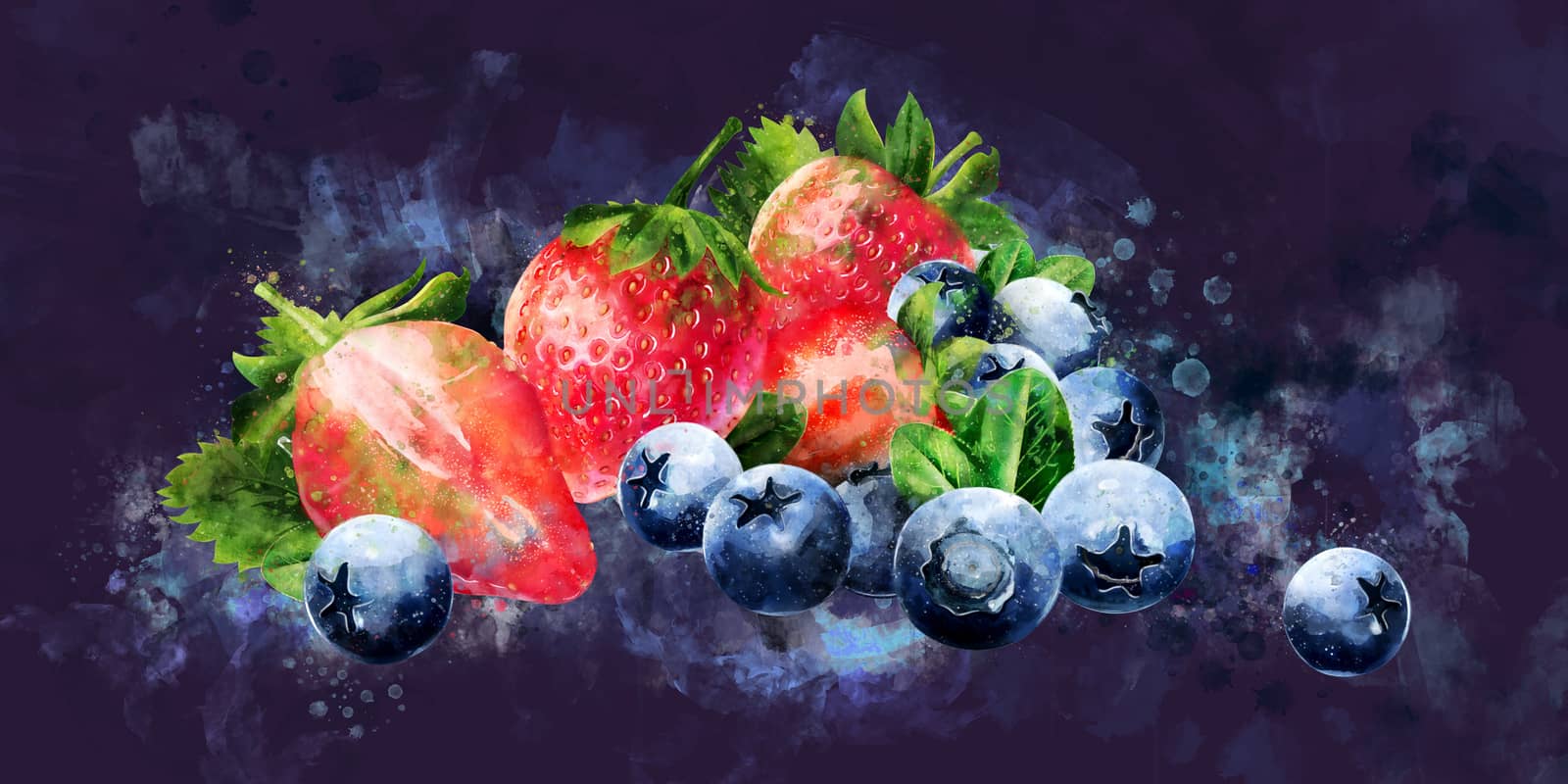 Blueberries and strawberries on dark background. Watercolor illustration by ConceptCafe