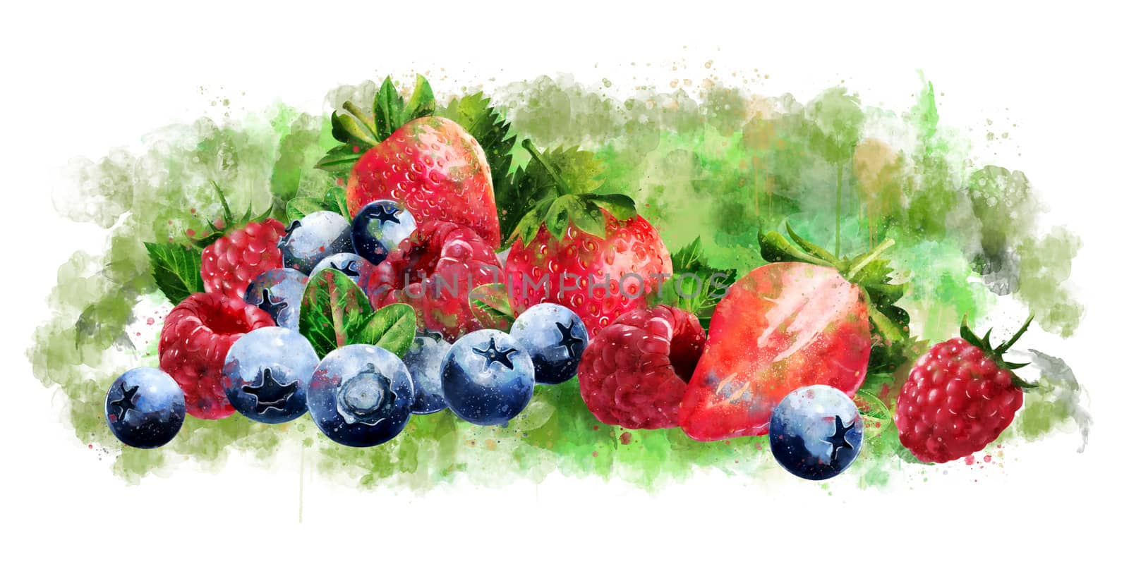 Raspberries, blueberries and strawberries on a white background.