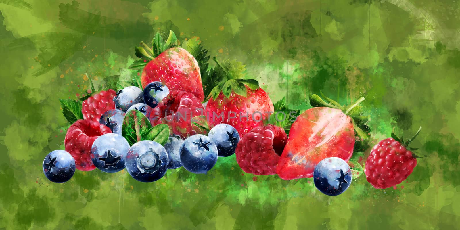 Raspberries, blueberries and strawberries on green background. Watercolor illustration by ConceptCafe