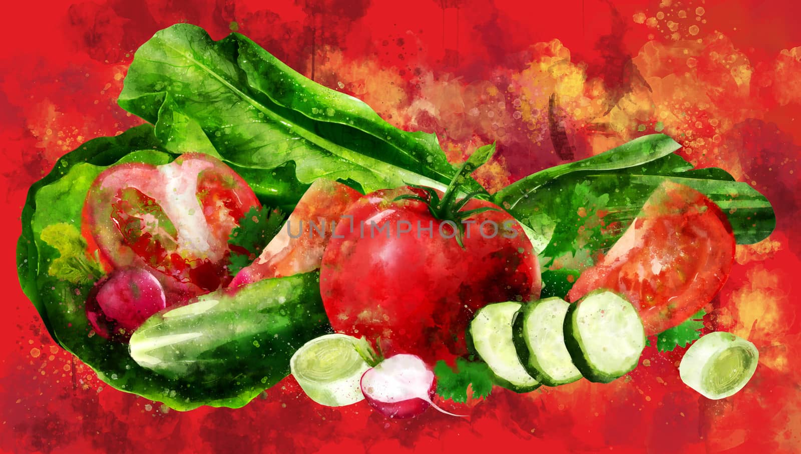 Tomato , cucumber and salad on red background. Watercolor illustration by ConceptCafe