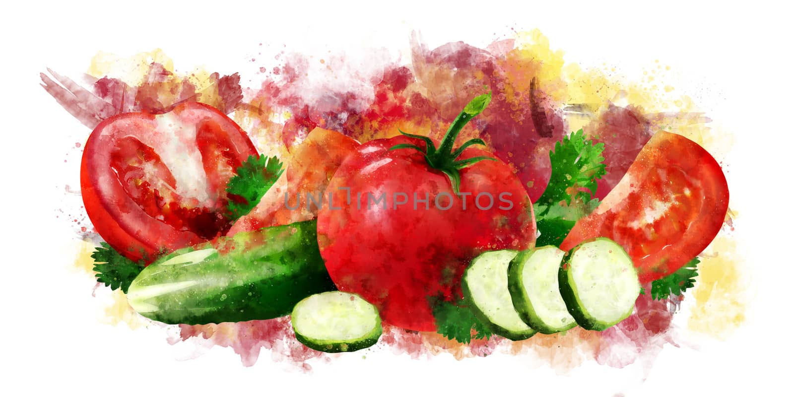 Tomato , cucumber and salad on white background. Watercolor illustration by ConceptCafe