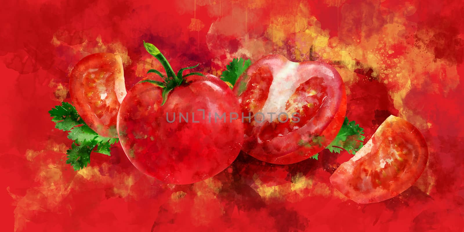 Tomato on red background. Watercolor illustration by ConceptCafe