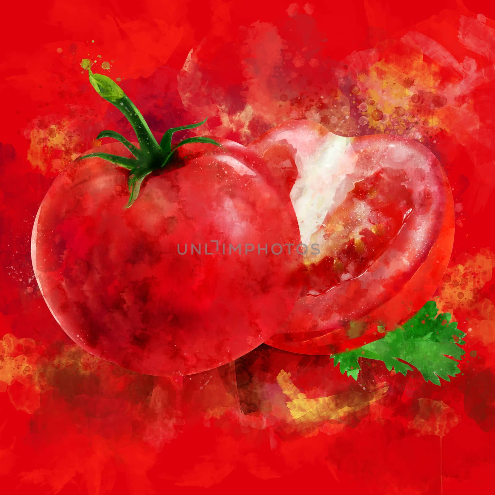 Tomato on red background. Watercolor illustration by ConceptCafe