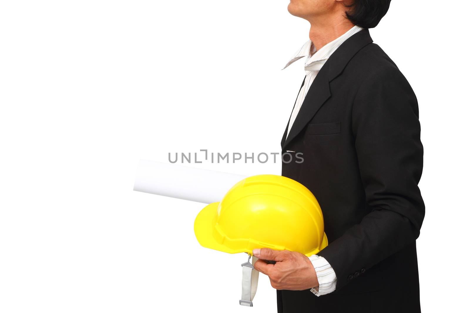 architecture holding blueprint and yellow safety helmet in hand isolated on white background, clipping path.