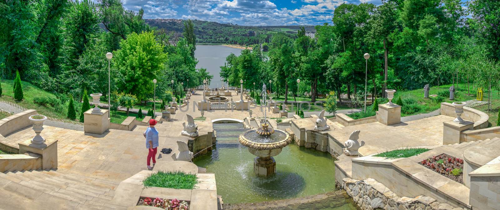 Chisinau, Moldova – 06.28.2019. Fountains and the cascading stairs near the Valea Morilor Lake in Chisinau, Moldova, on a sunny summer day