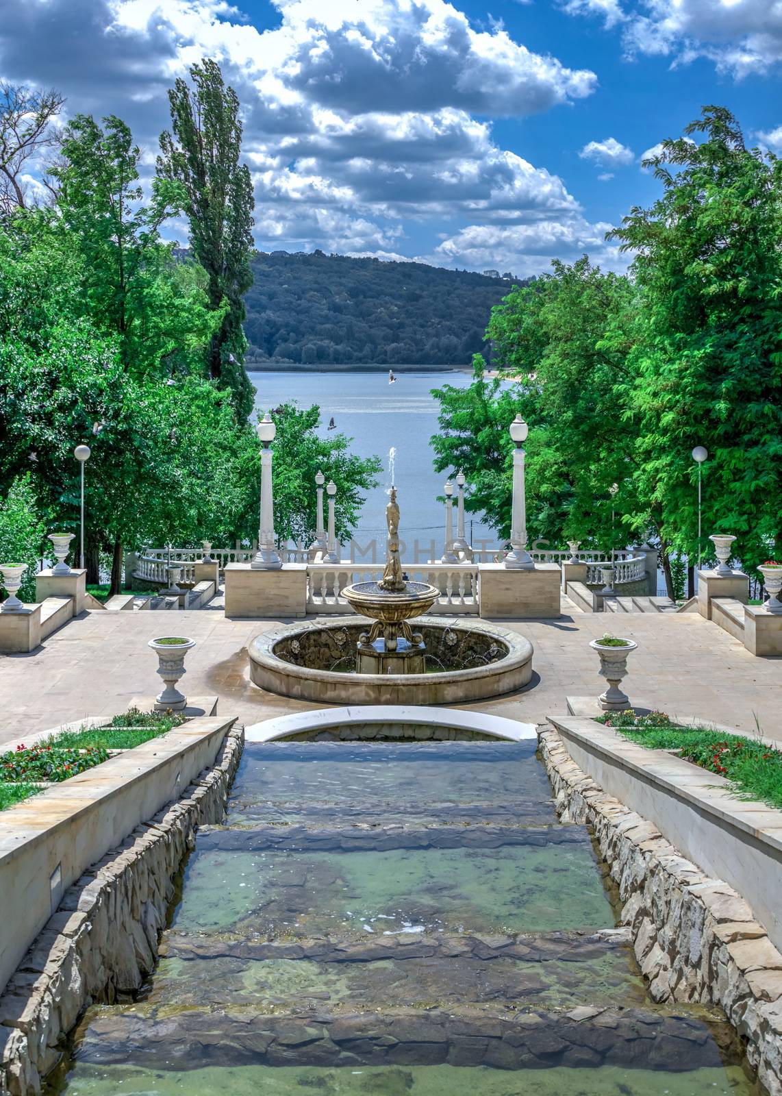 Chisinau, Moldova – 06.28.2019. Fountains and the cascading stairs near the Valea Morilor Lake in Chisinau, Moldova, on a sunny summer day