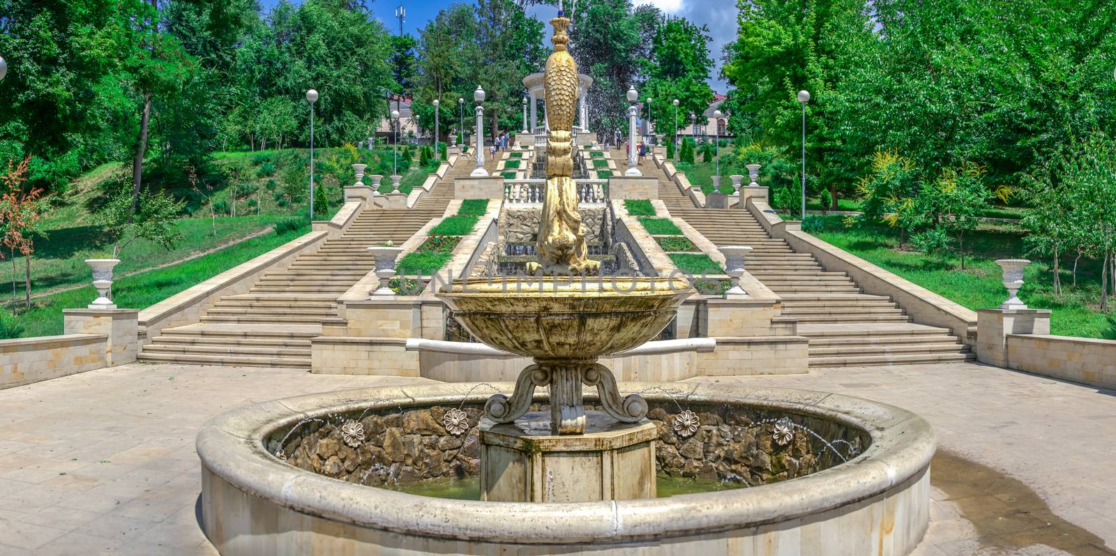 Chisinau, Moldova – 06.28.2019. Fountains and the cascading stairs near the Valea Morilor Lake in Chisinau, Moldova, on a sunny summer day