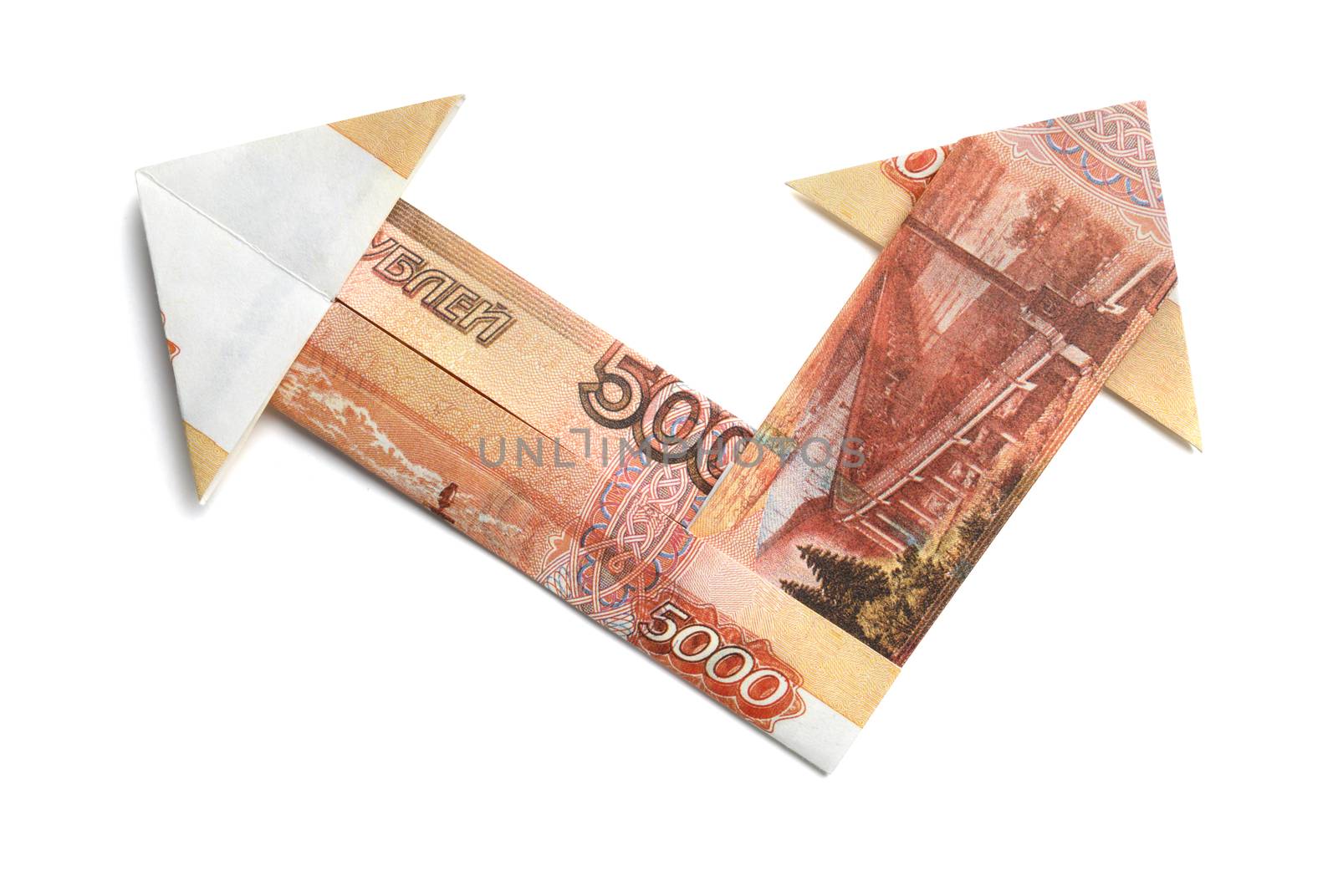 5000 Russian rubles in the form of an arrow on a white background.